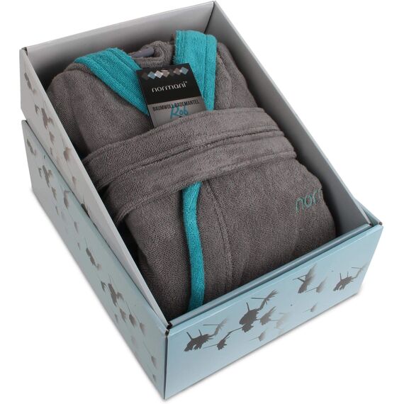 normani Damen Baumwoll Bademantel mit Kapuze in Geschenk-Box - weiche Premium Qualität - Öko Tex 100 Farbe Grau/Petrol Größe M
