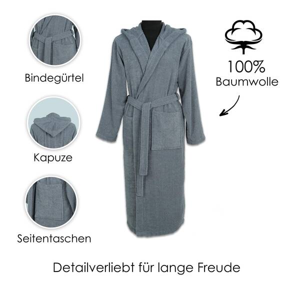 Vency - Luxuriöser Bademantel mit Kapuze, Dunkelgrau (XL), 100% Baumwolle, Weich & Saugstark - Ideal für Spa & Zuhause, für Damen und Herren