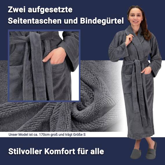 ZOLLNER Bademantel Velours - hautfreundlich und saugstark - für Damen und Herren - Mischgewebe - Größe S in graphit - waschbar bis 60°C - Hotelqualität - Oeko Tex® zertifiziert