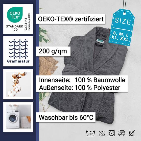 ZOLLNER Bademantel Velours - hautfreundlich und saugstark - für Damen und Herren - Mischgewebe - Größe L in graphit - waschbar bis 60°C - Hotelqualität - Oeko Tex® zertifiziert