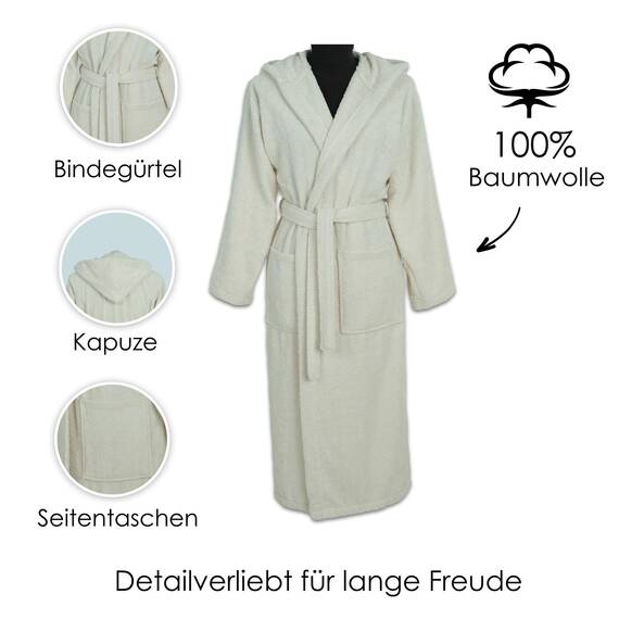 Vency - Luxuriöser Bademantel mit Kapuze, Beige (M), 100% Baumwolle, Weich & Saugstark - Ideal für Spa & Zuhause, für Damen und Herren