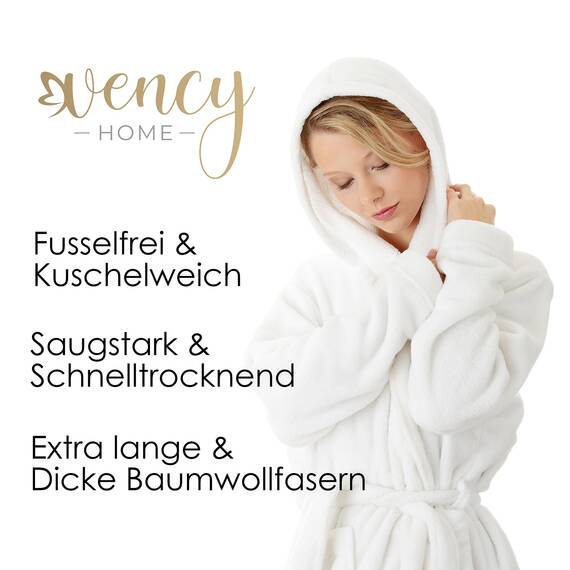 Vency - Luxuriöser Bademantel mit Kapuze, Weiß (XL), 100% Baumwolle, Weich & Saugstark - Ideal für Spa & Zuhause, für Damen und Herren