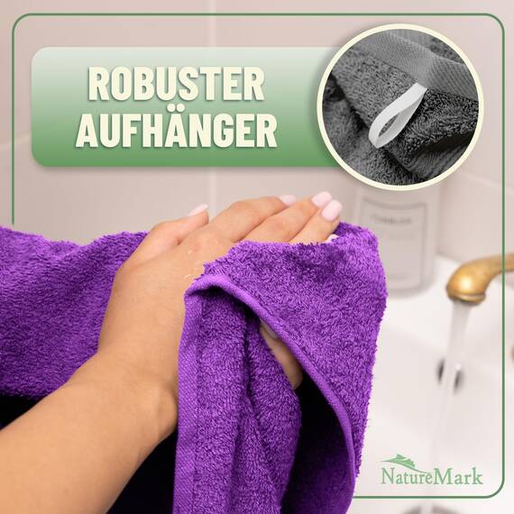 Green Mark Handtuch-Set mit 10 Teilen – 100% Baumwolle – 4 Handtücher 50×100 cm, 2 große Duschtücher 70×140 cm, 2 Gästetücher 30×50 cm und 2 Waschhandschuhe – Anthrazit/Lila