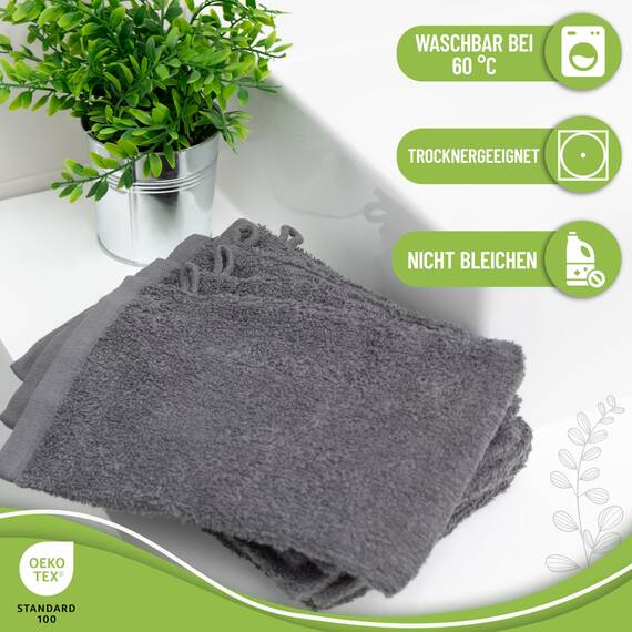 NatureMark 10x Waschhandschuhe aus Frottee 100% Baumwolle – Weich und Robust, Ideal für die tägliche Pflege und Gäste – Anthrazit Grau, 15x21 cm