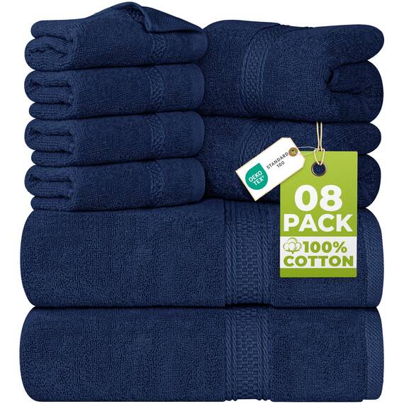 Utopia Towels - 8 teilig Handtücher Set aus Baumwolle mit Aufhänger - 2 Badetuch, 2 Handtücher und 4 Washclappen - (Marine Blau)