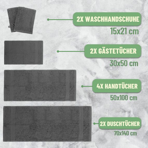 Green Mark Handtuch-Set mit 10 Teilen – 100% Baumwolle – 4 Handtücher 50 × 100 cm, 2 große Duschtücher 70 × 140 cm, 2 Gästetücher 30 × 50 cm und 2 Waschhandschuhe – Anthrazitgrau