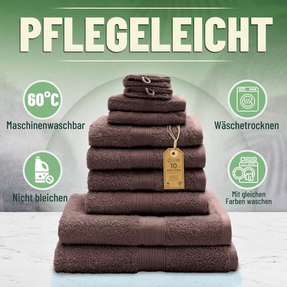 Green Mark Handtuch-Set mit 10 Teilen – 100% Baumwolle – 4 Handtücher 50×100 cm, 2 große Duschtücher 70×140 cm, 2 Gästetücher 30×50 cm und 2 Waschhandschuhe – Schokobraun