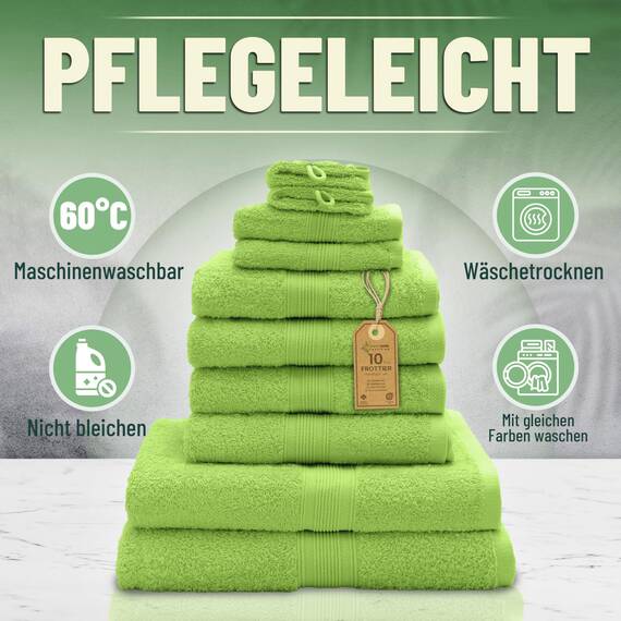 Green Mark Handtuch-Set mit 10 Teilen – 100% Baumwolle – 4 Handtücher 50×100 cm, 2 große Duschtücher 70×140 cm, 2 Gästetücher 30×50 cm und 2 Waschhandschuhe – Apfelgrün