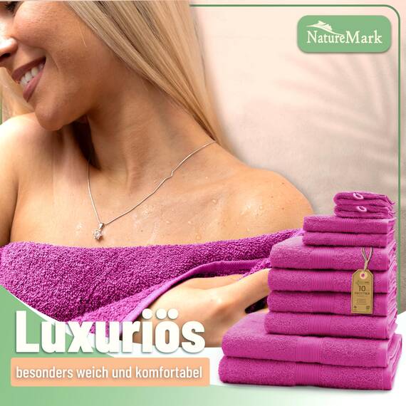 Green Mark Handtuch-Set mit 10 Teilen – 100% Baumwolle – 4 Handtücher 50×100 cm, 2 große Duschtücher 70×140 cm, 2 Gästetücher 30×50 cm und 2 Waschhandschuhe – Pink