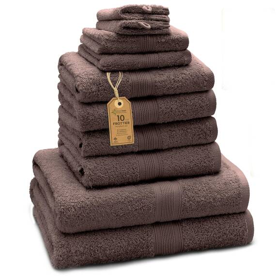 Green Mark Handtuch-Set mit 10 Teilen – 100% Baumwolle – 4 Handtücher 50×100 cm, 2 große Duschtücher 70×140 cm, 2 Gästetücher 30×50 cm und 2 Waschhandschuhe – Schokobraun