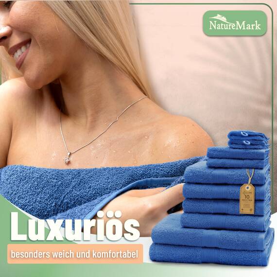 Green Mark Handtuch-Set mit 10 Teilen – 100% Baumwolle – 4 Handtücher 50×100 cm, 2 große Duschtücher 70×140 cm, 2 Gästetücher 30×50 cm und 2 Waschhandschuhe – Royalblau