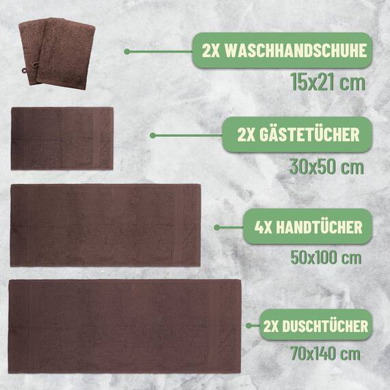 Green Mark Handtuch-Set mit 10 Teilen – 100% Baumwolle – 4 Handtücher 50×100 cm, 2 große Duschtücher 70×140 cm, 2 Gästetücher 30×50 cm und 2 Waschhandschuhe – Schokobraun