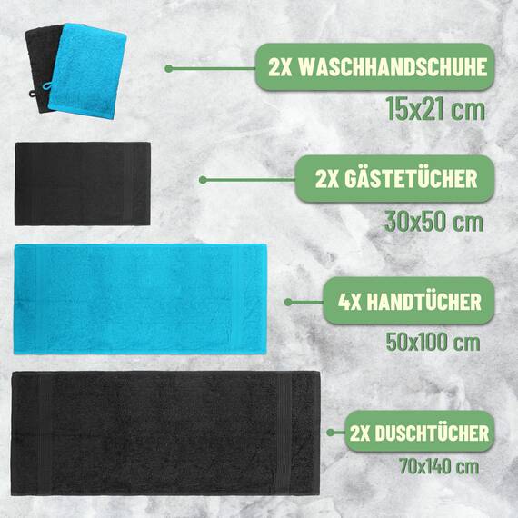 GREEN MARK Textilien 10 TLG. FROTTIER Handtuch-Set mit verschiedenen Größen 4X Handtücher, 2X Duschtücher, 2X Gästetücher, 2X Waschhandschuhe - Premium Qualität (10 TLG. FROTTIER Set, Schwarz/Türkis)
