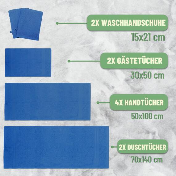 Green Mark Handtuch-Set mit 10 Teilen – 100% Baumwolle – 4 Handtücher 50×100 cm, 2 große Duschtücher 70×140 cm, 2 Gästetücher 30×50 cm und 2 Waschhandschuhe – Royalblau