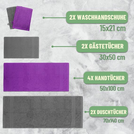 Green Mark Handtuch-Set mit 10 Teilen – 100% Baumwolle – 4 Handtücher 50×100 cm, 2 große Duschtücher 70×140 cm, 2 Gästetücher 30×50 cm und 2 Waschhandschuhe – Anthrazit/Lila