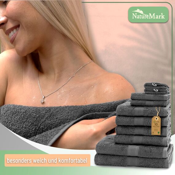 Green Mark Handtuch-Set mit 10 Teilen – 100% Baumwolle – 4 Handtücher 50 × 100 cm, 2 große Duschtücher 70 × 140 cm, 2 Gästetücher 30 × 50 cm und 2 Waschhandschuhe – Anthrazitgrau