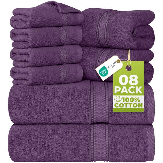 Utopia Towels - 8 teilig Handtücher Set aus Baumwolle mit Aufhänger - 2 Badetuch, 2 Handtücher und 4 Washclappen - (Pflaume)