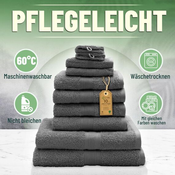 Green Mark Handtuch-Set mit 10 Teilen – 100% Baumwolle – 4 Handtücher 50 × 100 cm, 2 große Duschtücher 70 × 140 cm, 2 Gästetücher 30 × 50 cm und 2 Waschhandschuhe – Anthrazitgrau