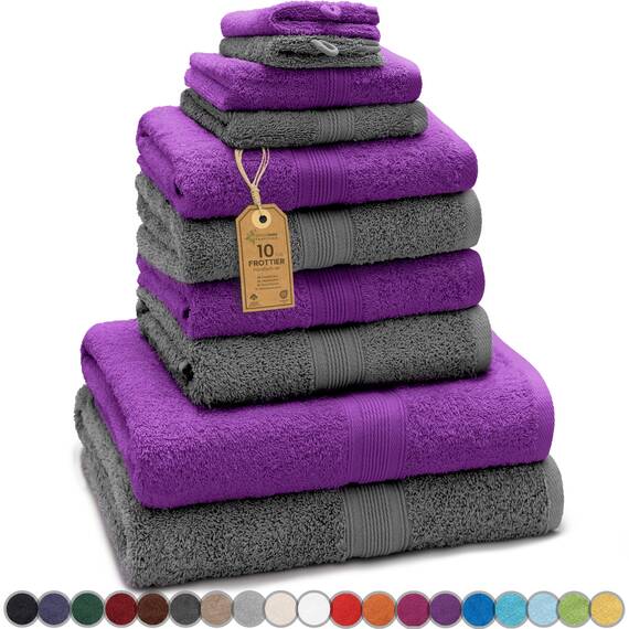 Green Mark Handtuch-Set mit 10 Teilen – 100% Baumwolle – 4 Handtücher 50×100 cm, 2 große Duschtücher 70×140 cm, 2 Gästetücher 30×50 cm und 2 Waschhandschuhe – Anthrazit/Lila