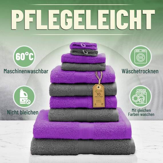 Green Mark Handtuch-Set mit 10 Teilen – 100% Baumwolle – 4 Handtücher 50×100 cm, 2 große Duschtücher 70×140 cm, 2 Gästetücher 30×50 cm und 2 Waschhandschuhe – Anthrazit/Lila