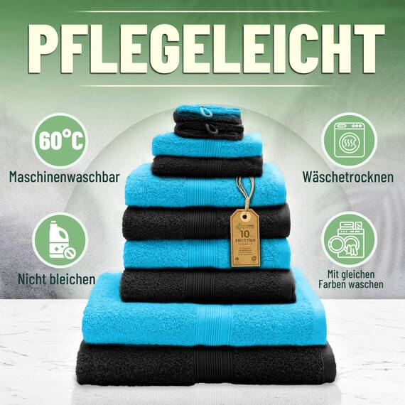 GREEN MARK Textilien 10 TLG. FROTTIER Handtuch-Set mit verschiedenen Größen 4X Handtücher, 2X Duschtücher, 2X Gästetücher, 2X Waschhandschuhe - Premium Qualität (10 TLG. FROTTIER Set, Schwarz/Türkis)