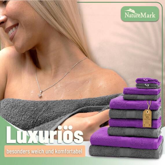 Green Mark Handtuch-Set mit 10 Teilen – 100% Baumwolle – 4 Handtücher 50×100 cm, 2 große Duschtücher 70×140 cm, 2 Gästetücher 30×50 cm und 2 Waschhandschuhe – Anthrazit/Lila