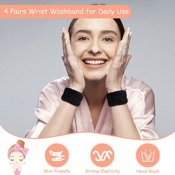 4 Paar Spa Handgelenk Waschband Mikrofaser Gesichtswäsche Armbänder Saugfähiges Handgelenk Schweißband für Frauen Verhindert das Verschütten von Flüssigkeit (Schwarz, Vielseitiger Stil)