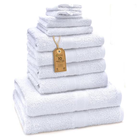 Green Mark Handtuch-Set mit 10 Teilen – 100% Baumwolle – 4 Handtücher 50×100 cm, 2 große Duschtücher 70×140 cm, 2 Gästetücher 30×50 cm und 2 Waschhandschuhe – Weiß
