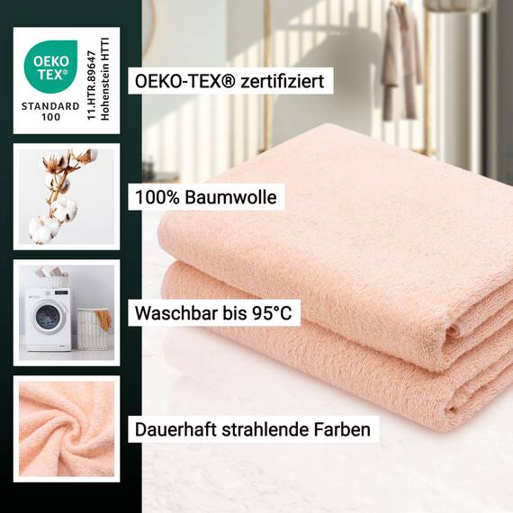 ZOLLNER 2er Set Duschtücher - weiche und saugstarke Handtücher - waschbar bis 95°C - Baumwolle - 70x140 cm in aprikot
