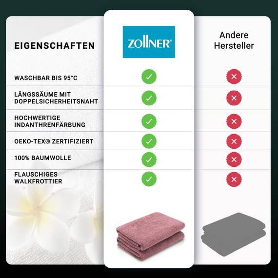 ZOLLNER 2er Set Duschtücher - weiche und saugstarke Handtücher - waschbar bis 95°C - Baumwolle - 70x140 cm in Altrosa
