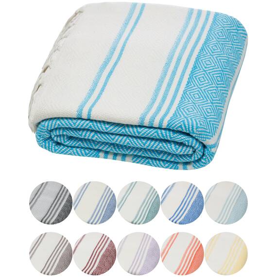 DEMMEX Strandtuch, Badetuch, 100% zertifizierte türkische Bio-Baumwolle, Pestemal, Hamamtuch, Saunatuch, Stranddecke, übergroß schnell trocknend sandfrei kompakt – vorgewaschen, 180x90cm, Türkis