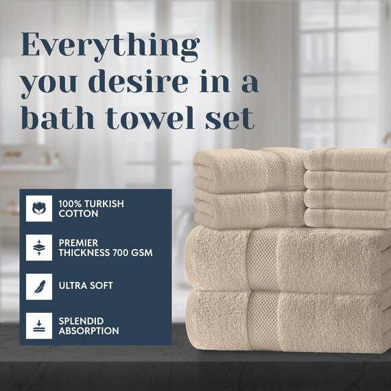 White Classic Luxus-Badetuch-Set mit 8 Teilen, 100 % türkische Baumwolle, sehr saugfähige Handtücher für Badezimmer, 2 Luxus-Badetücher 700 g/m², 2 Handtücher, 4 Waschlappen, Taupe