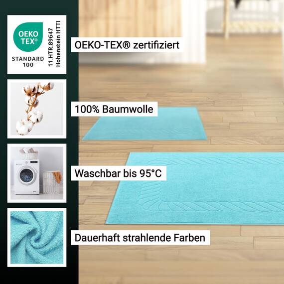 ZOLLNER 2er Set Badematten - weiche und saugstarke Duschvorleger - waschbar bis 95°C - Baumwolle - 50x70 cm in azurblau