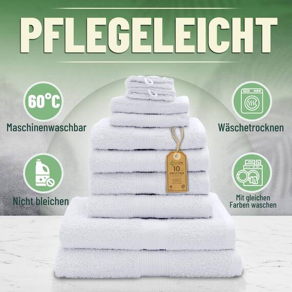 Green Mark Handtuch-Set mit 10 Teilen – 100% Baumwolle – 4 Handtücher 50×100 cm, 2 große Duschtücher 70×140 cm, 2 Gästetücher 30×50 cm und 2 Waschhandschuhe – Weiß