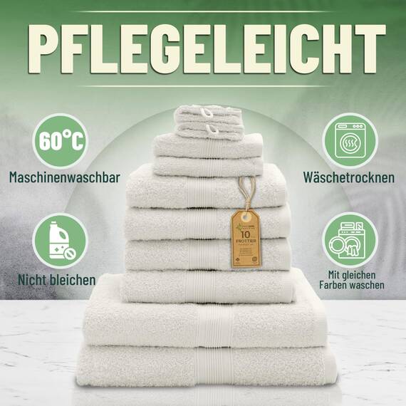 GREEN MARK Textilien 10 TLG. FROTTIER Handtuch-Set mit verschiedenen Größen 4X Handtücher, 2X Duschtücher, 2X Gästetücher, 2X Waschhandschuhe | Farbe: Creme/Natur | Premium Qualität