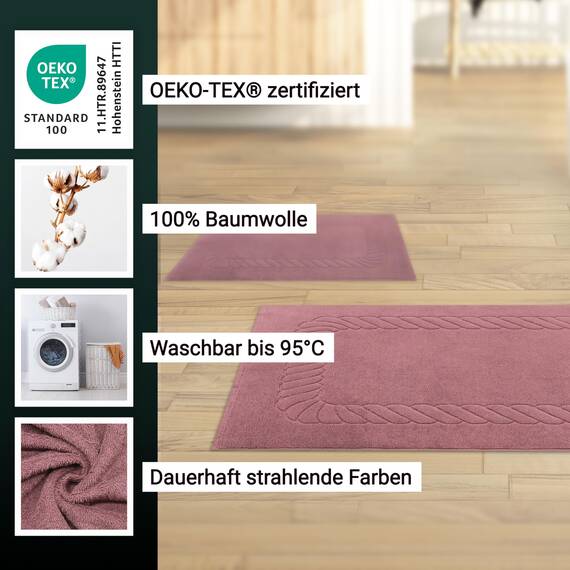 ZOLLNER 2er Set Badematten - weiche und saugstarke Duschvorleger - waschbar bis 95°C - Baumwolle - 50x70 cm in Altrosa