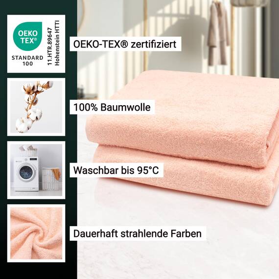 ZOLLNER 2er Set Badetücher - weiche und saugstarke Duschtücher - waschbar bis 95°C - Baumwolle - 100x150 cm in aprikot