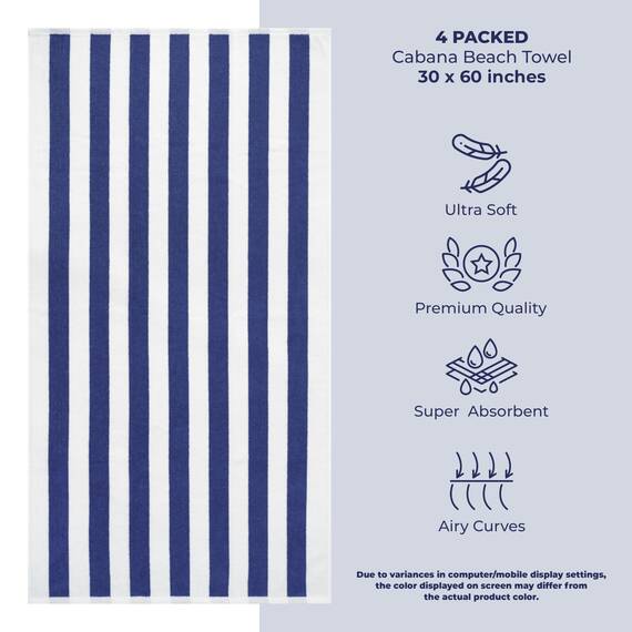 American Soft Linen Cabana gestreifte Strandtücher, 76,2 x 152,4 cm, 4 Stück, übergroße Pool-Handtücher, schnelltrocknend, sandfrei, Marineblau