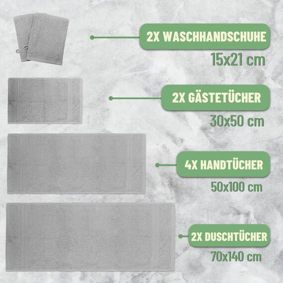 Green Mark Handtuch-Set mit 10 Teilen – 100% Baumwolle – 4 Handtücher 50×100 cm, 2 große Duschtücher 70×140 cm, 2 Gästetücher 30×50 cm und 2 Waschhandschuhe – Silbergrau