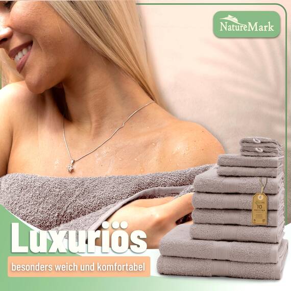 Green Mark Handtuch-Set mit 10 Teilen – 100% Baumwolle – 4 Handtücher 50×100 cm, 2 große Duschtücher 70×140 cm, 2 Gästetücher 30×50 cm und 2 Waschhandschuhe – Sand/Beige