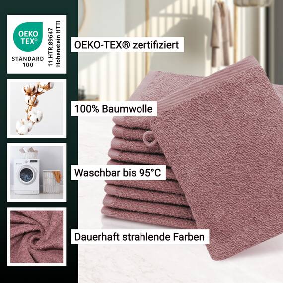ZOLLNER 10er Set Waschlappen - weiche und saugstarke Waschhandschuhe - waschbar bis 95°C - Baumwolle - 16x21 cm in Altrosa