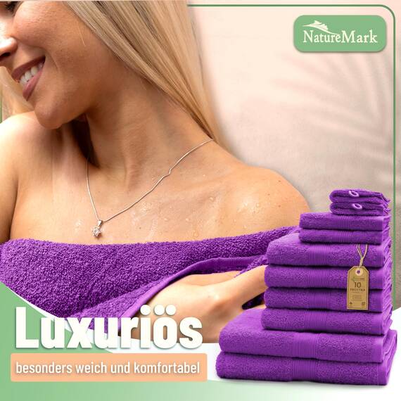 Green Mark Handtuch-Set mit 10 Teilen – 100% Baumwolle – 4 Handtücher 50×100 cm, 2 große Duschtücher 70×140 cm, 2 Gästetücher 30×50 cm und 2 Waschhandschuhe – Lila