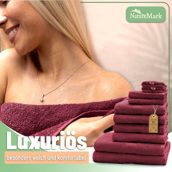 Green Mark Handtuch-Set mit 10 Teilen – 100% Baumwolle – 4 Handtücher 50×100 cm, 2 große Duschtücher 70×140 cm, 2 Gästetücher 30×50 cm und 2 Waschhandschuhe – Bordeauxrot