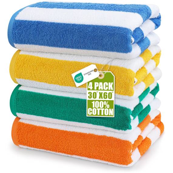 Utopia Towels - Große Strandtücher Cabana-Streifen (76 x 152 cm) - 100% gesponnene Baumwolle, weich und saugfähige Handtücher (4er-Pack, Blau, Gelb, Grün und Orange)