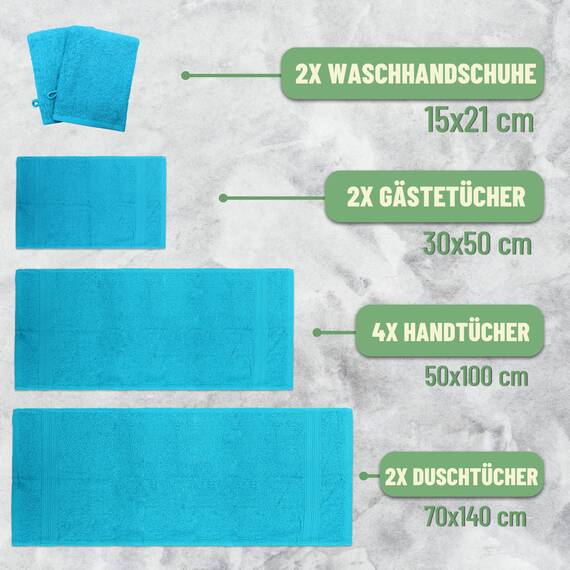 Green Mark Handtuch-Set mit 10 Teilen – 100% Baumwolle – 4 Handtücher 50×100 cm, 2 große Duschtücher 70×140 cm, 2 Gästetücher 30×50 cm und 2 Waschhandschuhe – Türkis