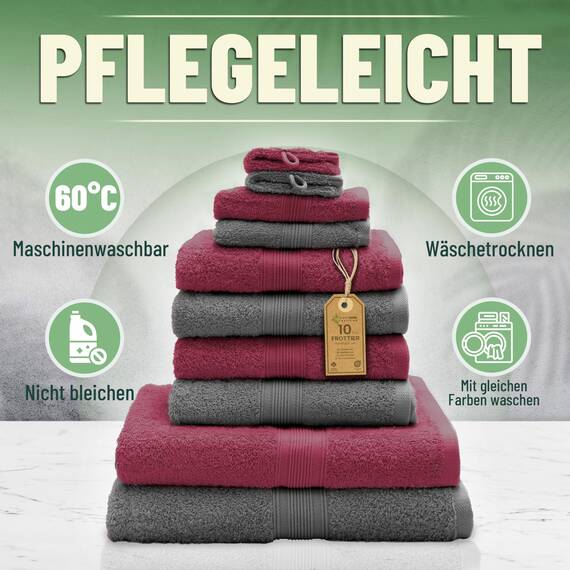 Green Mark Handtuch-Set mit 10 Teilen – 100% Baumwolle – 4 Handtücher 50×100 cm, 2 große Duschtücher 70×140 cm, 2 Gästetücher 30×50 cm und 2 Waschhandschuhe – Anthrazit/Bordeaux