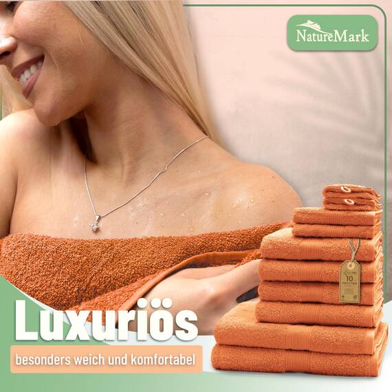 Green Mark Handtuch-Set mit 10 Teilen – 100% Baumwolle – 4 Handtücher 50×100 cm, 2 große Duschtücher 70×140 cm, 2 Gästetücher 30×50 cm und 2 Waschhandschuhe – Terrakotta