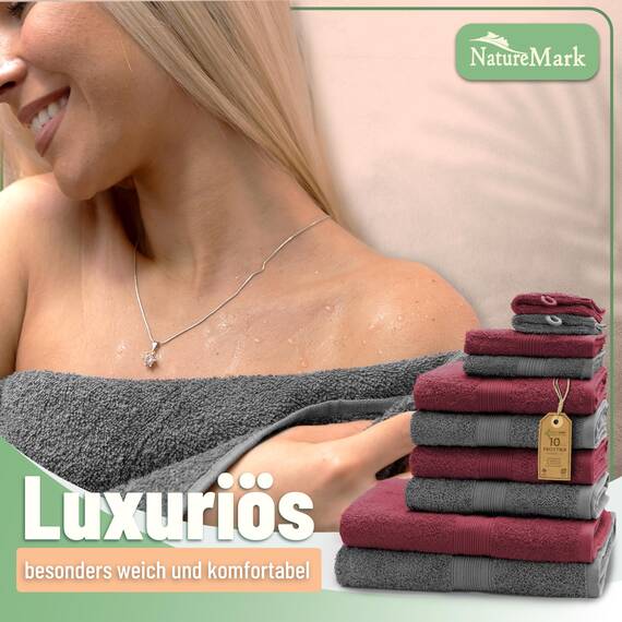 Green Mark Handtuch-Set mit 10 Teilen – 100% Baumwolle – 4 Handtücher 50×100 cm, 2 große Duschtücher 70×140 cm, 2 Gästetücher 30×50 cm und 2 Waschhandschuhe – Anthrazit/Bordeaux