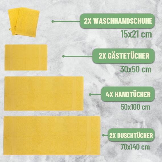 Green Mark Handtuch-Set mit 10 Teilen – 100% Baumwolle – 4 Handtücher 50×100 cm, 2 große Duschtücher 70×140 cm, 2 Gästetücher 30×50 cm und 2 Waschhandschuhe – Gelb