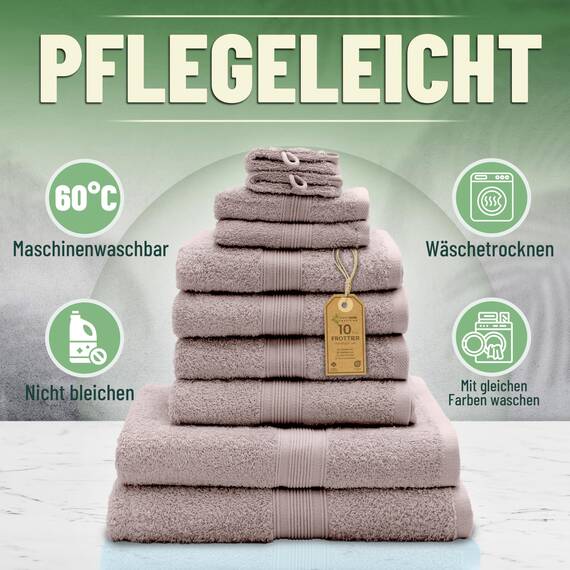 Green Mark Handtuch-Set mit 10 Teilen – 100% Baumwolle – 4 Handtücher 50×100 cm, 2 große Duschtücher 70×140 cm, 2 Gästetücher 30×50 cm und 2 Waschhandschuhe – Sand/Beige